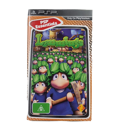 PSP Essentials version of the video game 'The Lemmings' for PlayStation Portable, shown in its original retail packaging against a white background.