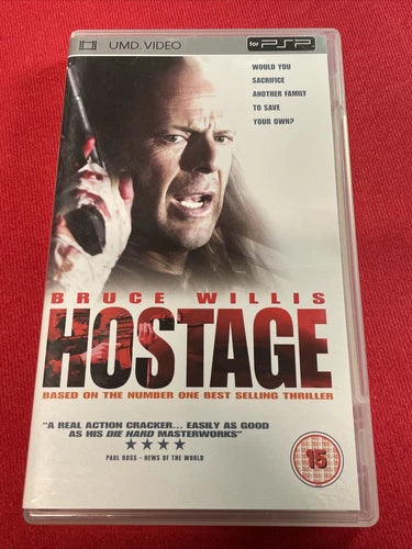 A physical copy of the PSP video game 'Hostage' by Bruce Willis, in its original plastic case, displayed on a textured red background.
