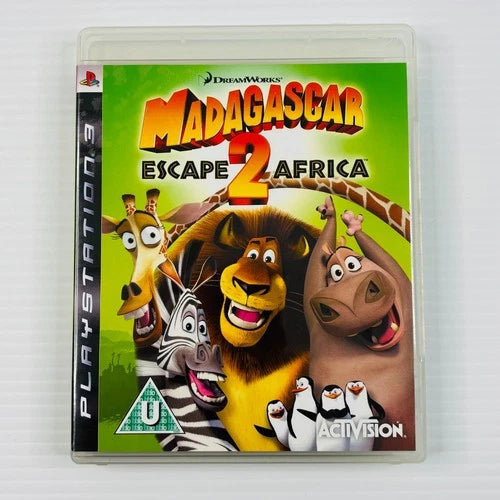 Madagascar 2: Escape the Africa video game case for PlayStation 3, featuring the main cartoon animals on the cover, photographed on a white textured background.