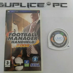 PSP game case for Football Manager Handheld 2009 next to its UMD disc, displayed on a light surface with a SUPLICE PC watermark at the top.