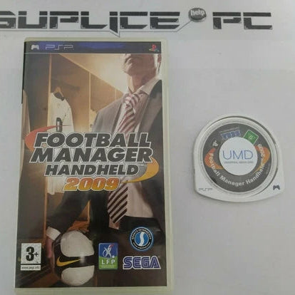 PSP game case for Football Manager Handheld 2009 next to its UMD disc, displayed on a light surface with a SUPLICE PC watermark at the top.