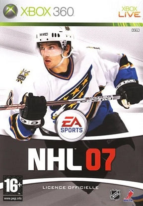 Front cover of the Xbox 360 video game NHL 07, featuring a hockey player in a white, blue, and gold St. Louis Blues jersey, with EA Sports branding and Xbox 360 / Xbox Live logos.
