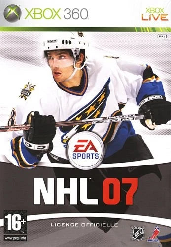 Front cover of the Xbox 360 video game NHL 07, featuring a hockey player in a white, blue, and gold St. Louis Blues jersey, with EA Sports branding and Xbox 360 / Xbox Live logos.