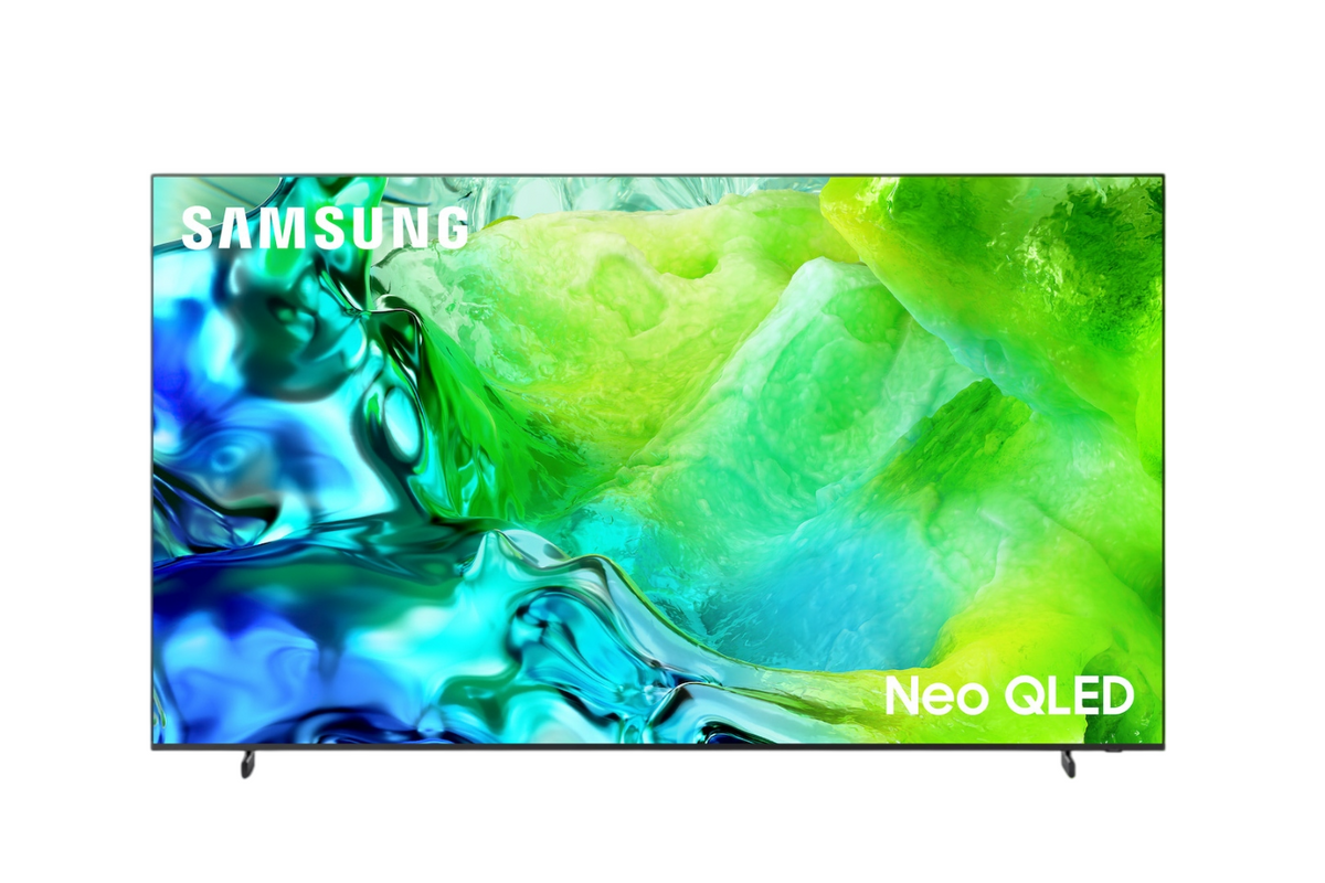 Samsung Neo QLED TV with a black bezel and slim stand, displaying a vibrant green and blue abstract liquid art background on a white studio backdrop.