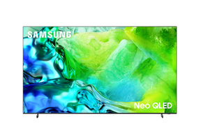 Samsung Neo QLED TV with a black bezel and slim stand, displaying a vibrant green and blue abstract liquid art background on a white studio backdrop.