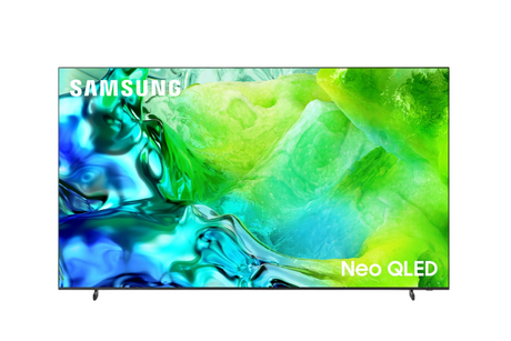 Samsung Neo QLED TV with a black bezel and slim stand, displaying a vibrant green and blue abstract liquid art background on a white studio backdrop.