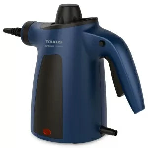 Blue and black handheld steamer with Collezione branding on a white background