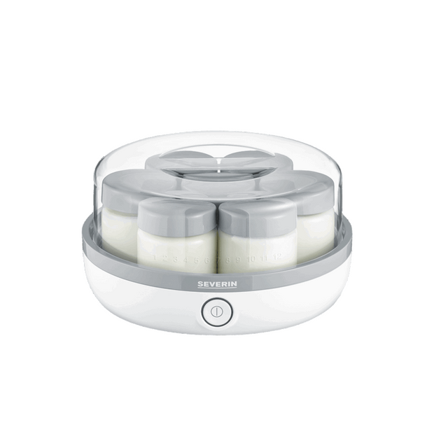 Yogurt maker with two white containers on a white background, featuring the brand 'Severin'.