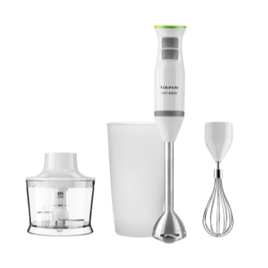 Kitchen blender set with attachments on a white background