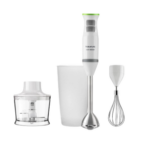 Kitchen blender set with attachments on a white background