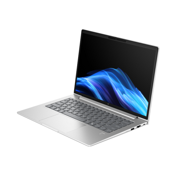 Silver laptop with a blue and black abstract design on the screen against a white background