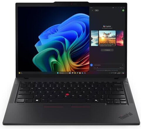 Open laptop displaying colorful abstract design on screen with ThinkPad logo.