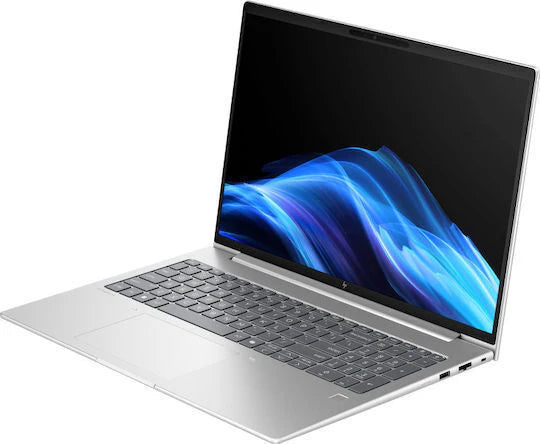 Silver laptop with a colorful display on a white background